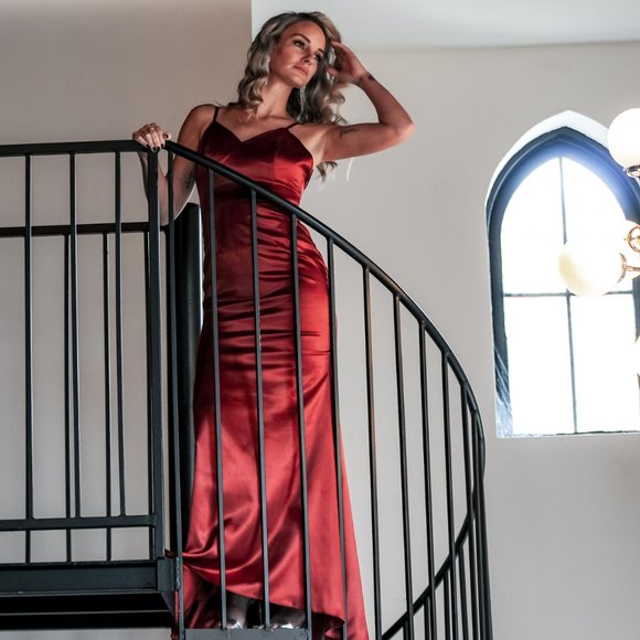 60442 Satin Gown in Merlot and Peacock color - Picture 4 of 10